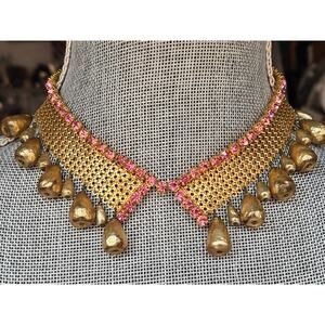RARE and Unusual Vintage Gold Tone Mesh & Pink Rhinestone Choker Necklace